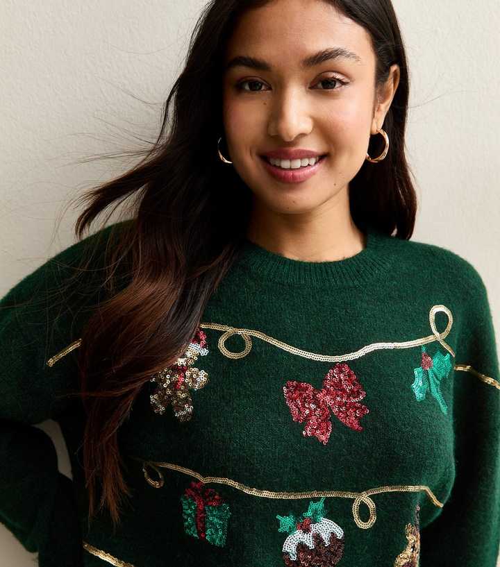 Petite Green Sequin Christmas Motif Jumper