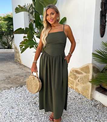 AX Paris Dark Khaki Drawstring Tie Straps Ruched Top Midi Dress