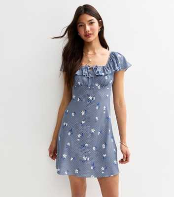 Blue Gingham Floral Print Mini Ruffle Dress