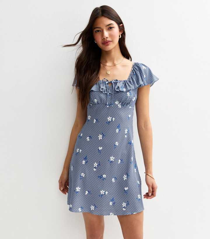 Blue Gingham Floral Print Mini Ruffle Dress