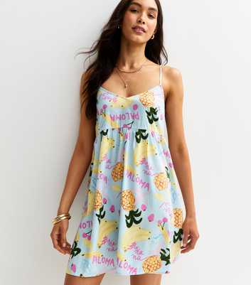 Blue Fruit Print Strappy V Neck Mini Dress