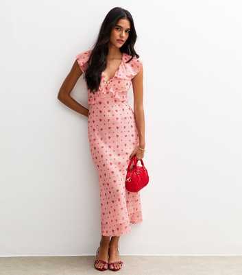 Pink Rose Print Ruffle Midi Dress