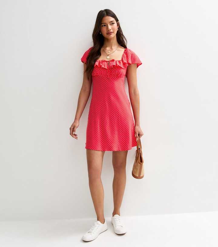 Red PolkaDot Print Frill Trim Mini Dress