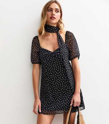Black Polka Dot Print Chiffon Neck Tie Mini Dress