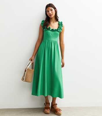Green Square Neck Ruffled Bow Tie Back Midi Dress