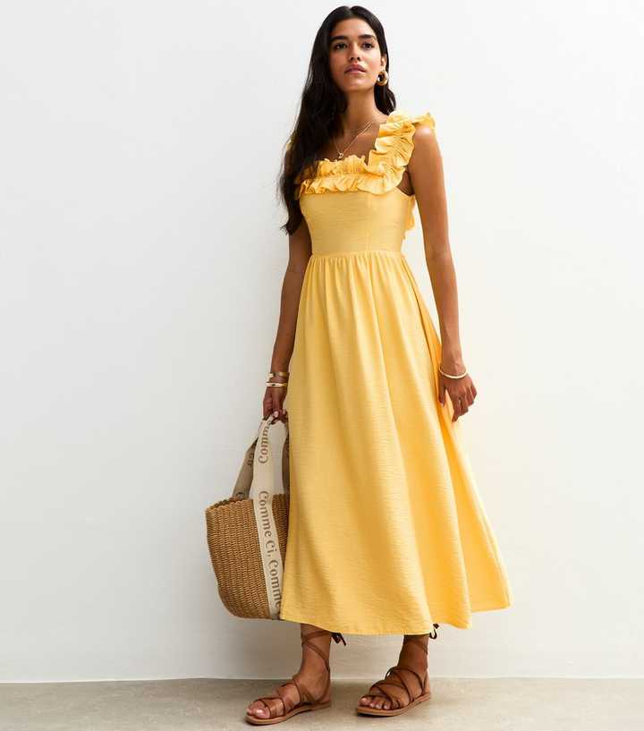 Yellow Square Neck Ruffled Bow Tie Back Midi Dress