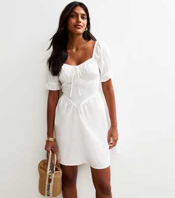 White Short Sleeve Poplin V Waist Mini Dress