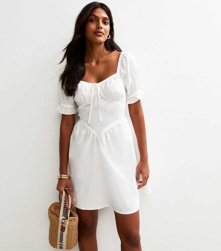 White Short Sleeve Poplin V Waist Mini Dress