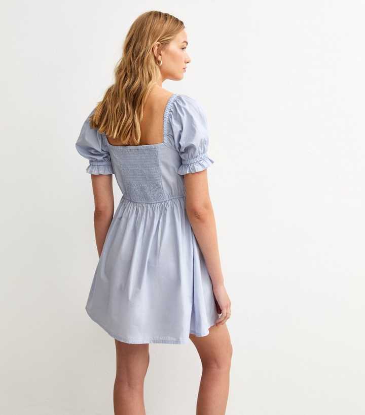 Light Blue Short Sleeve Poplin V Waist Mini Dress | New Look