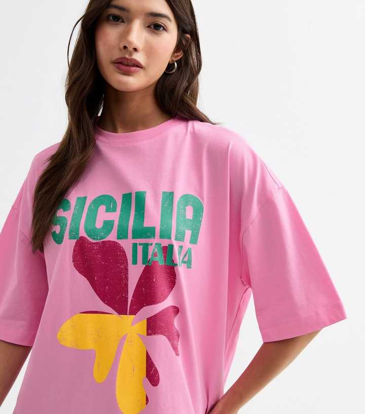 Bright Pink Sicilia Italia Print T-Shirt