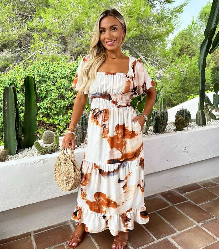 AX Paris Cream Smudge Print Shirred Waist Smock Midi Dress