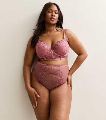 Curves Pink Embroidered High Waisted Brazilian Briefs