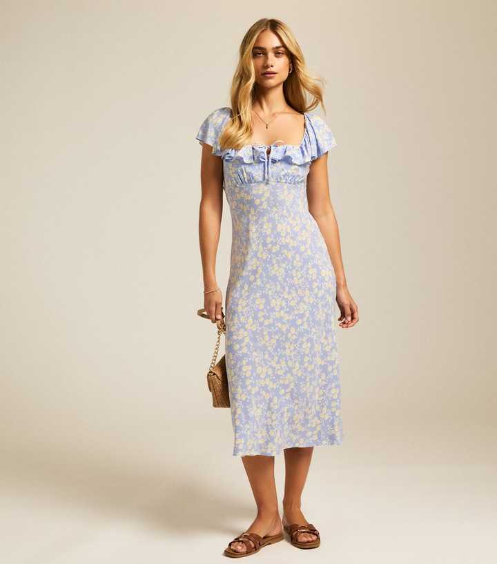 Blue Daisy Print Square Neck Frill Midi Dress