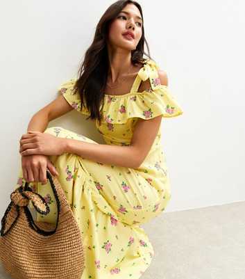 Yellow Floral Print Tie Shoulder Ruffled Midi Dress