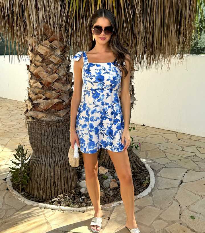 AX Paris Blue Floral Print Tie Shoulder A-Line Mini Dress