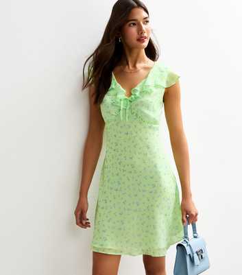 Green Ditsy Print Ruffle Trim Chiffon Mini Dress