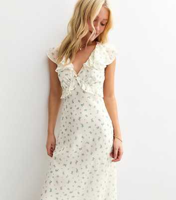 White Floral Print Ruffle Trim Midi Dress
