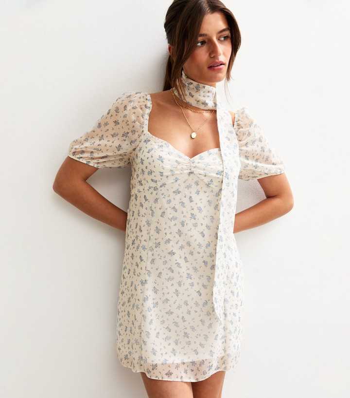 White Floral Print Chiffon Mini Dress | New Look