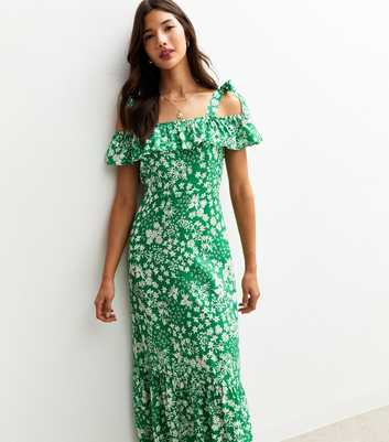 Green Floral Print Shoulder Tie Ruffled Midi Dress
