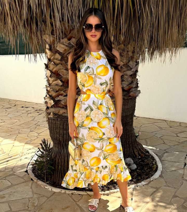 AX Paris Yellow Lemon Print Cut Out Waist Frill Hem Midi Dress