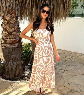 AX Paris Stone Abstract Print Shirred Straps Button Detail Midi Dress