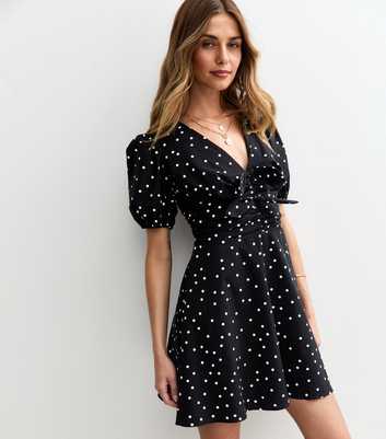 Black Spot Print Bow Front Mini Dress