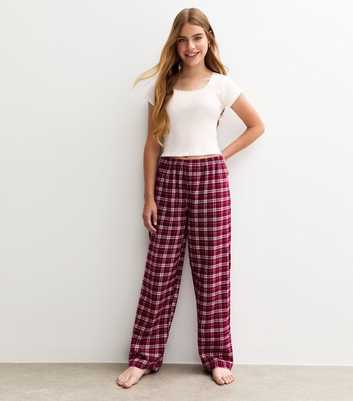 Girls White Short Sleeve Top and Burgundy Checked Trousers Pyjamas Set