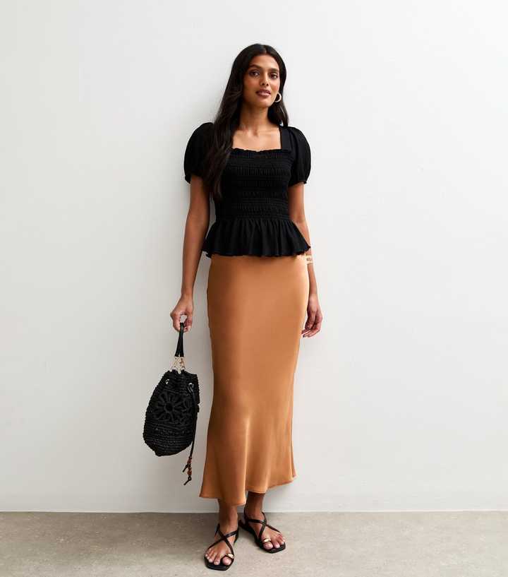 Burnt Orange Satin Bias Cut Satin Midi Skirt