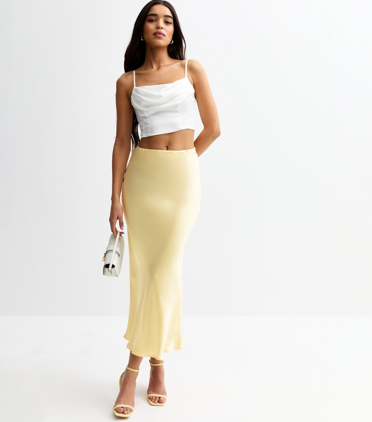 Women's Light Yellow Bias Cut Satin Midi Skirt New Look
