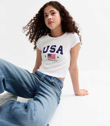 Girls White USA Print Cap Sleeve T-Shirt