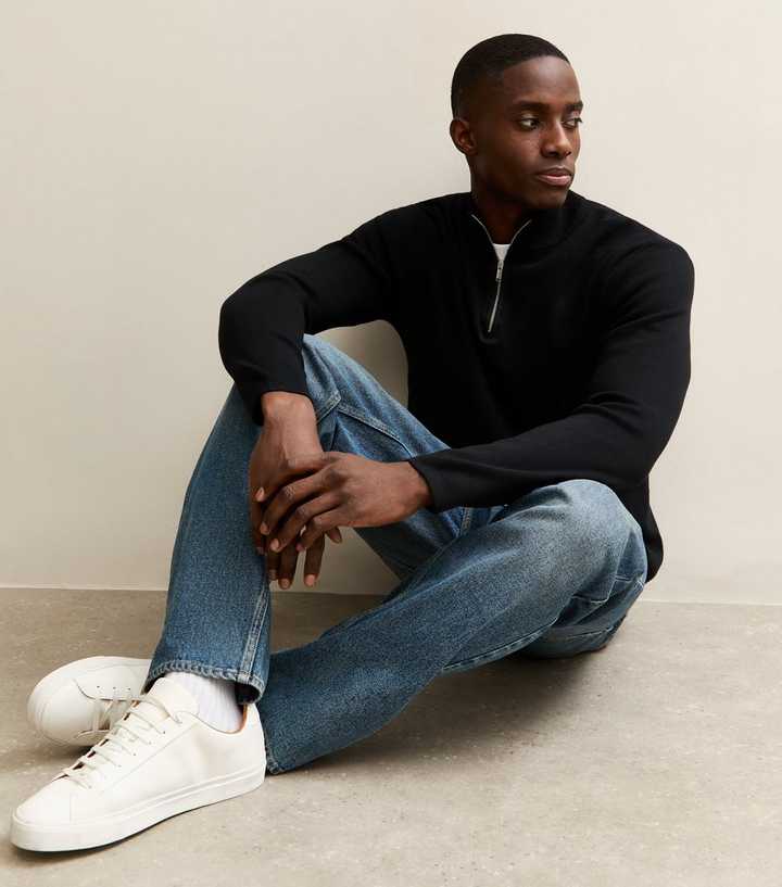 Premium Black Relaxed Funnel Neck Quarter Zip Jumper