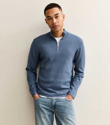 Premium Mid Blue Relaxed Funnel Neck Quarter Zip Jumper
