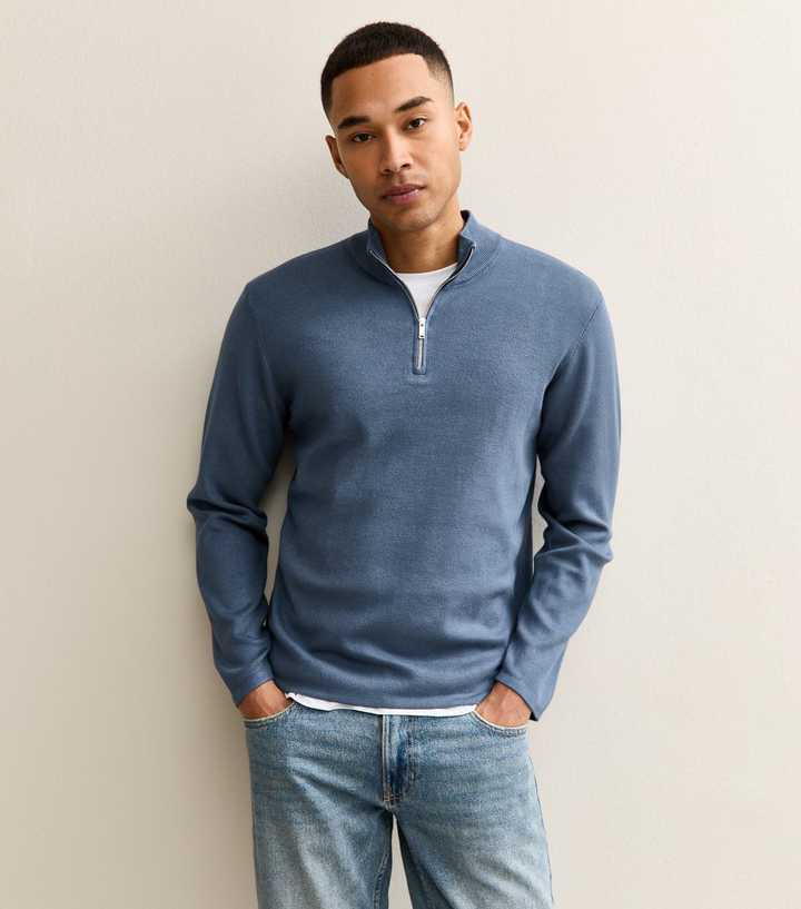 Premium Mid Blue Relaxed Funnel Neck Quarter Zip Jumper