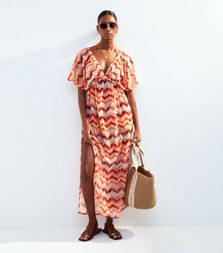 Orange Zig Zag Print Short Sleeve Maxi Dress