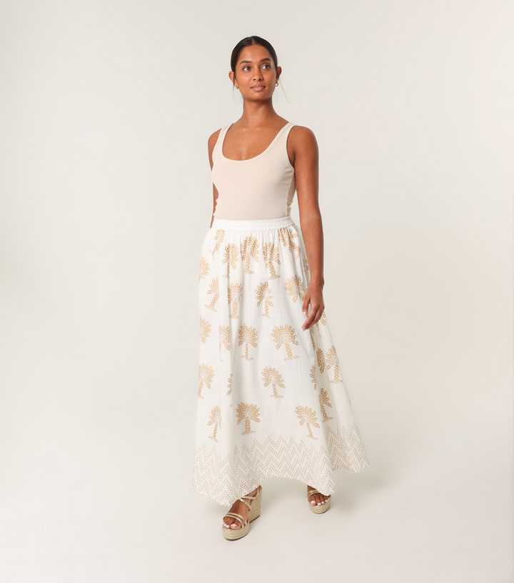 Blue Vanilla White Palm Tree Print Maxi Skirt