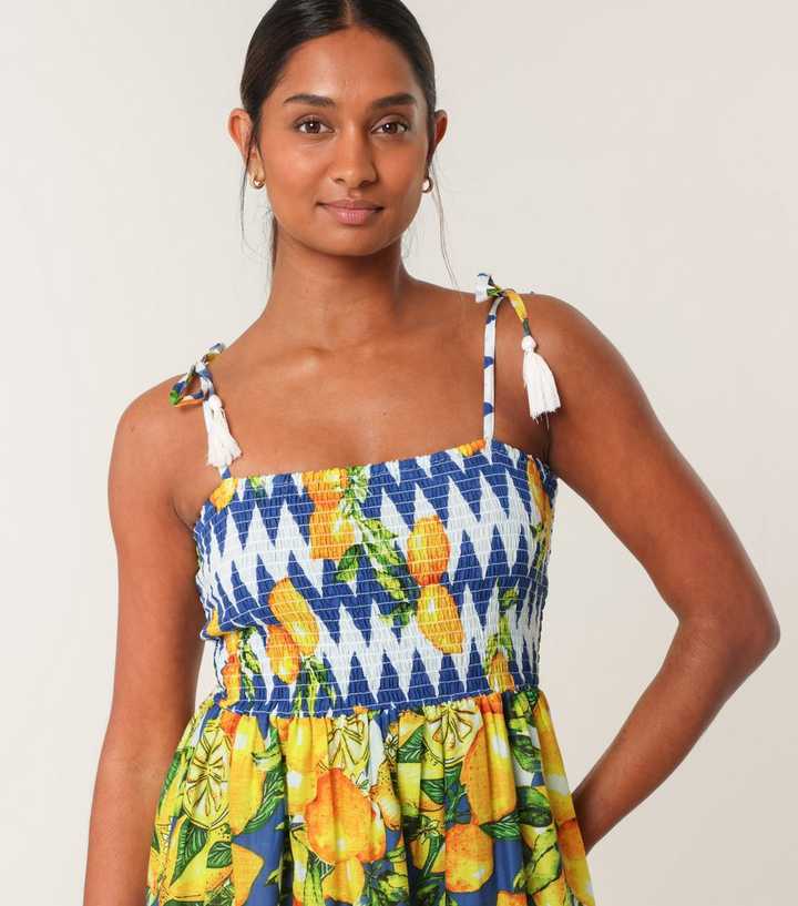 blue and yellow lemon dress Blue Vanilla Yellow Lemon Print Maxi Dress