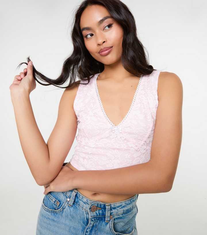 Pink Vanilla Pink Lace V Neck Crop Top