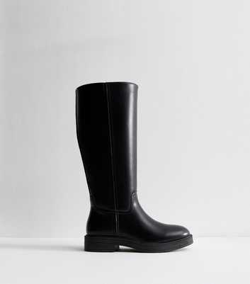 Black Faux Leather Knee High Riding Boots