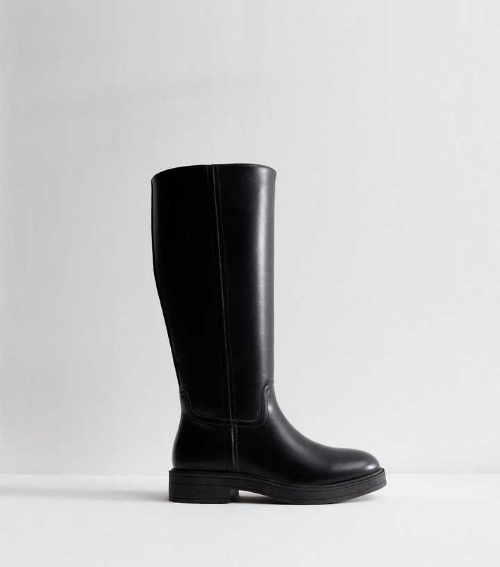 Black Faux Leather Knee High Riding Boots