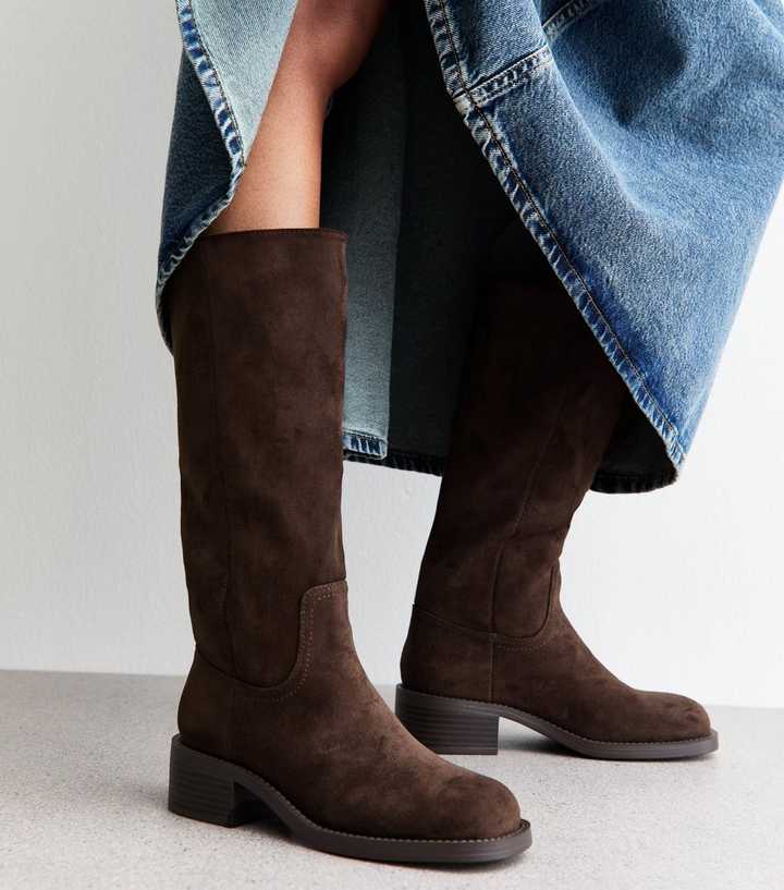 Dark Brown Faux Suede Pull On Boots