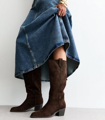 Brown Faux Suede Western Knee High Boots