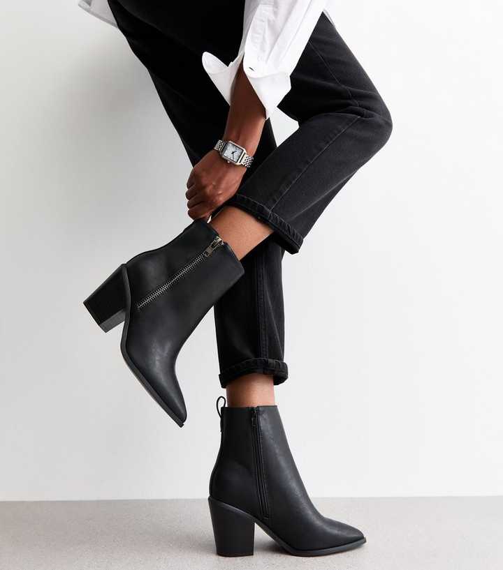 Wide Fit Black Faux Leather Side Zip Heeled Ankle Boots | New Look