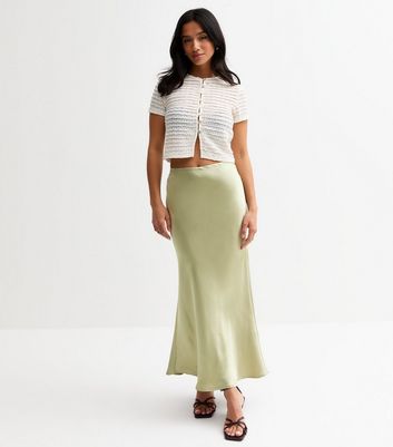 Petite Light Green Satin Midi Skirt