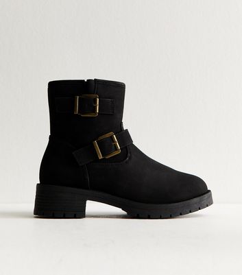 Black Faux Suede Buckle Boots