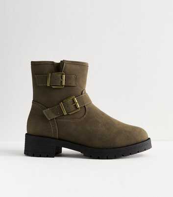 Dark Khaki Faux Suede Buckled Boots