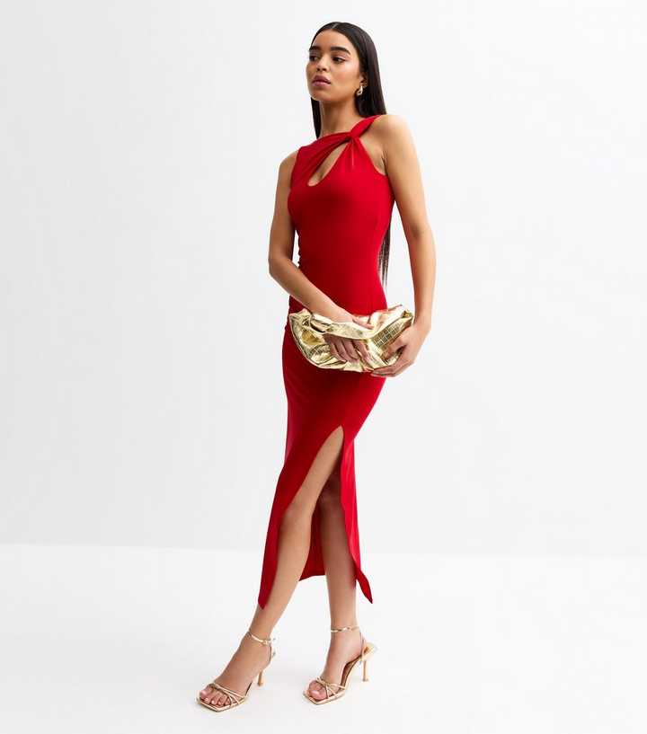 Red Keyhole Neck Jersey Midi Dress