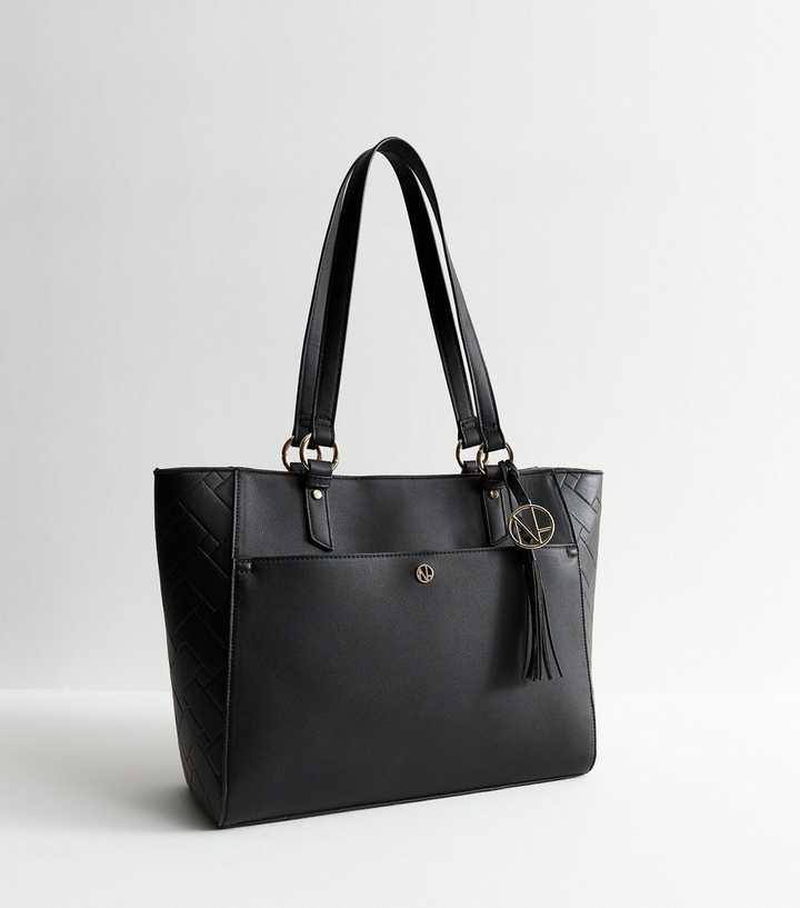 Black Faux Leather Embossed Tote Bag