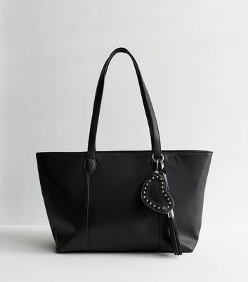 Black Leather Look Charm Tote Bag