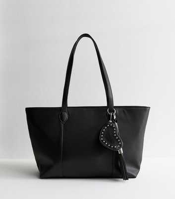 Black Leather Look Charm Tote Bag