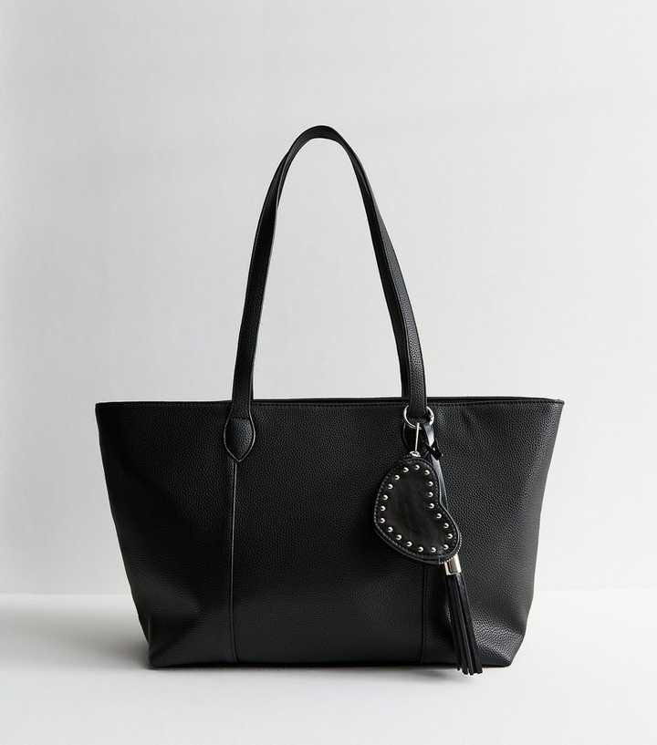 Black Leather Look Charm Tote Bag